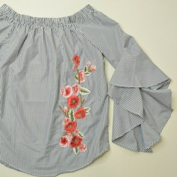 ROOMMATES Sz S Women OFF Shoulder STRIPE Flower EMBROIDER Flare ANGEL Sleeve TOP - Picture 3 of 9